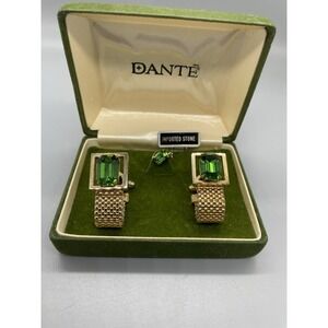 Vintage DANTE Genuine Stone Emarald? Gold Tone Cufflinks In Original Box